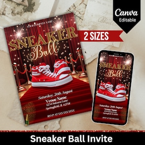 Invitación de cumpleaños de Sneaker Ball, Invitación de Sneaker Ball imprimible, Sneaker bash, Plantillas editables de lienzo para fiesta de cumpleaños, Descarga instantánea