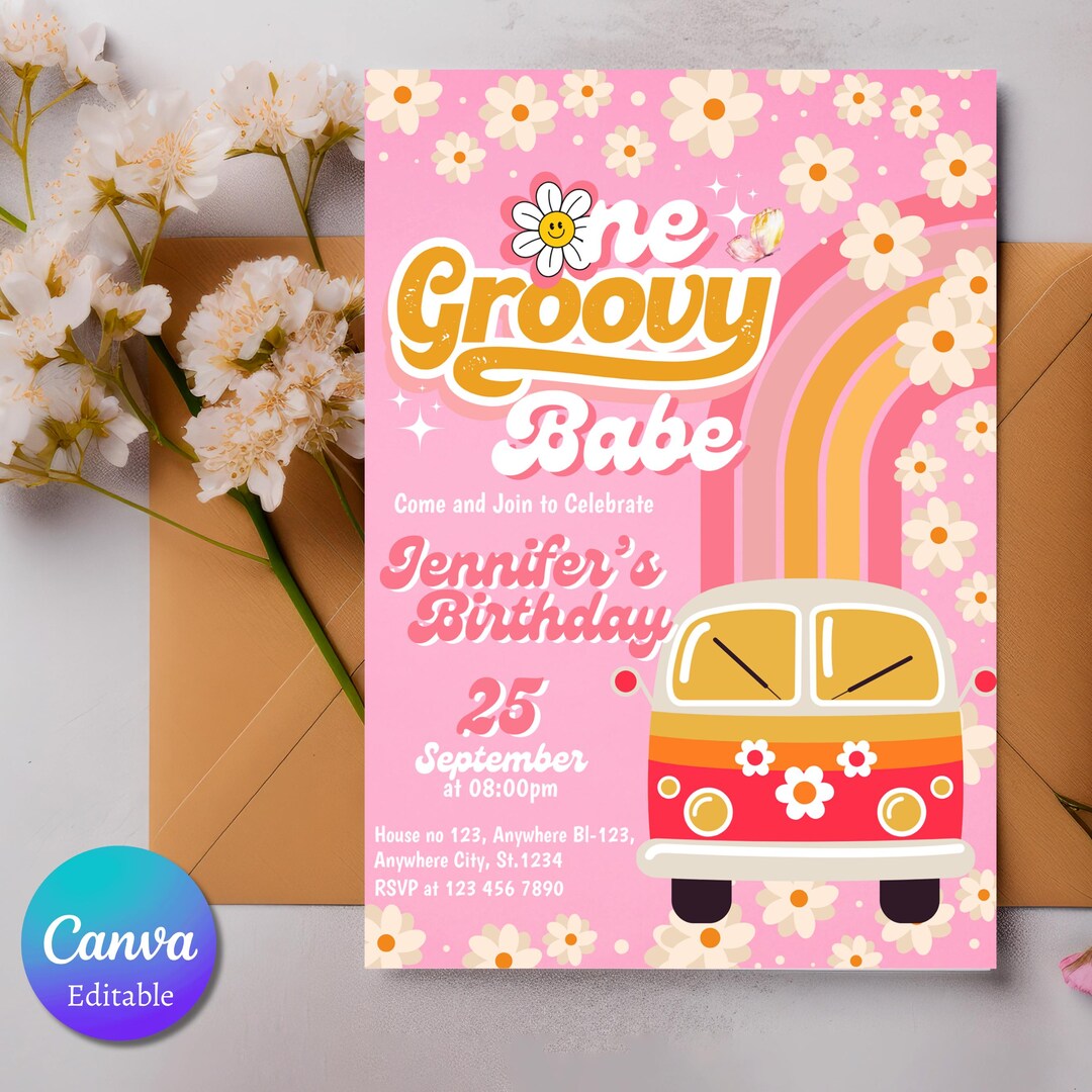 Editable ONE Groovy Babe Invitation, Pink Rainbow Groovy 1st Birthday ...