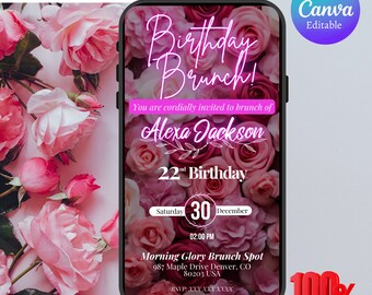 Invito per brunch di compleanno, invito per brunch di compleanno floreale rosa neon, invito di compleanno per donne, idee per brunch, brunch di compleanno digitale