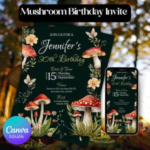 Invito di compleanno a tema fungo modificabile, invito di compleanno a tema fungo malinconico, festa a tema fungo nella foresta incantata, festa di compleanno accogliente, modello Canva