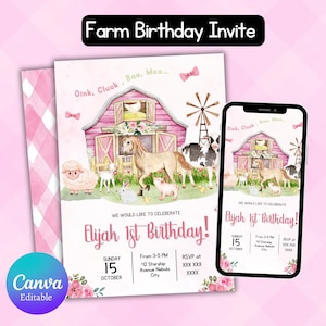 Editable Farm Birthday Invitation Pink Farm Birthday Invitation Farm Animals Birthday Invite Barnyard Birthday Party Invite Canva Template