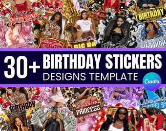 Geburtstags-Design-Vorlagen-Bundle, 30 + Geburtstagsaufkleber, Styroporbecher-Aufkleber, T-Shirt-Designs, bearbeitbarer rosa Gepard, Cowgirl, Kasino, Y2k Design
