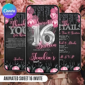 Sweet 16 Sixteen Birthday Invitation, Animated 16th Birthday Party invite, Editable Birthday Itinerary, Canva Template, Digital Download