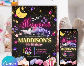 Sleepover Birthday Invitation, Printable Slumber Party Invite, Neon Sleepover Invite, Pajama party Canva Editable Template, Instant download