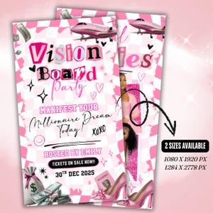 May include: Pink and white Vision Board Party flyer with text, a pink jet, money, and high heels. The flyer says "Manifest Your Millionaire Dream Today!" and "Tickets on Sale Now!!"