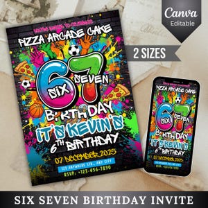 Könnte beinhalten: Eine farbenfrohe Geburtstagseinladung mit dem Text "Pizza Arcade Cake" und "Six Seven Birthday". Das Design umfasst eine große "6" und "7", Pizzastücke und Sportbälle. Die Einladung ist in zwei Größen erhältlich.