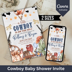 Cowboy Baby Shower Invitation, Little Cowboy Baby Shower, Printable Wild West Baby Shower Invite, Canva Editable Template, Instant Download