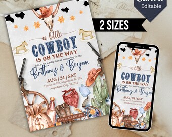 Cowboy Baby Shower Invitation, Little Cowboy Baby Shower, Printable Wild West Baby Shower Invite, Canva Editable Template, Instant Download