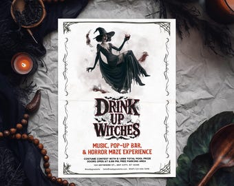Invito Halloween Drink Up Witches, invito modificabile per la festa di Halloween, festa di Halloween per adulti, modello Canva da scaricare immediatamente