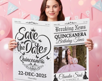 Quinceanera Save The Date Newspaper,Mis Quince Años Newspaper Save the Date Quinceañera Photoshoot,Sweet 15 Newspaper Invite QuinceNewspaper