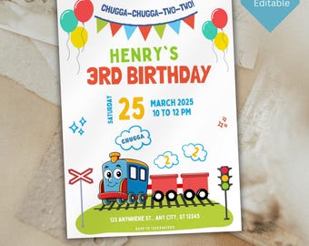 Invitación de cumpleaños Chugga Chugga Two Two, invitación de cumpleaños editable en tren, invitación de Chugga Chugga, fiesta de cumpleaños en tren, plantilla de Canva