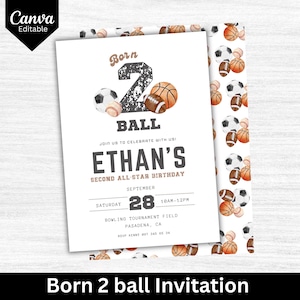 May include: A birthday invitation for a boy's second birthday party. The invitation is decorated with a watercolor illustration of a basketball, baseball, football, and soccer ball. The text on the invitation reads "Born 2 Ball" and "Ethan's Second All-Star Birthday". The invitation also includes the date, time, and location of the party.