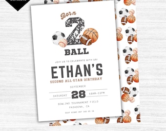 Editable Born 2 Ball Invitation For Boys, 2nd Birthday Invite Template, Printable Let's Have a Ball All Star Invite, Canva Template
