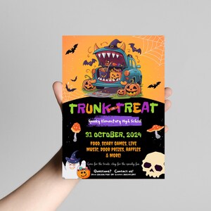 May include: A colorful flyer for a Trunk or Treat event at Spooky Elementary High School on October 31st, 2024. The flyer features a cartoon monster truck with a witch's hat and a pumpkin in the back. The text on the flyer says "Trunk or Treat" and lists activities like food, scary games, live music, door prizes, raffles, and more.