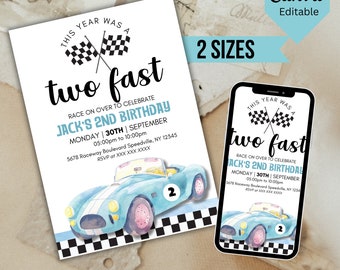 TWO Fast Birthday Invitation, Printable Racing Car 2nd Birthday Invite, Editable Birthday Itinerary, Canva Templates, Digital Download