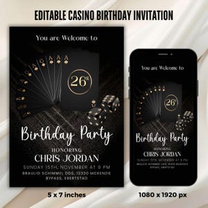 Modèle de toile de Faire-part d'anniversaire de casino électronique, 21, 30, 40, 50, anniversaire, poker, soirée casino, fête de retraite, casino