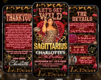 25th Cheetah Print Birthday Invitation Template Let's Get Wild Leopard Invitation Animated Sagittarius Red 25th Cheetah Birthday Invite