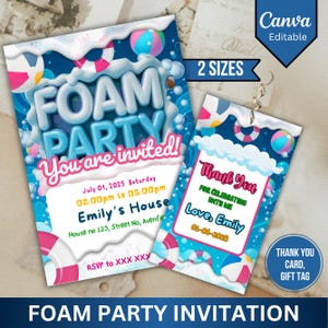 Invitación para fiesta de espuma, invitación editable para fiesta de espuma, tarjeta de cumpleaños con burbujas, invitación de cumpleaños infantil, fiesta de verano con juegos acuáticos, plantilla de Canva