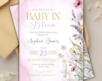 Inbjudan till babyshower, blommig babyshowerinbjudan, baby i blom, vintage blommig babyshowerinbjudan, inbjudan till babyshower för tjej som sommar, canvas