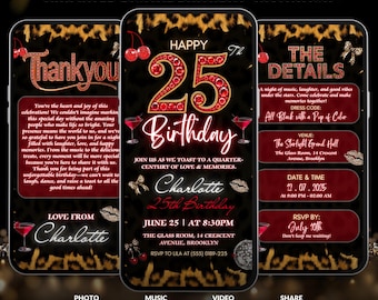 25th Cheetah Print Birthday Invitation Cheetah Print Leopard Print Evite, Animated Red Cherry Party Invite Adult cheetah Birthday Dinner