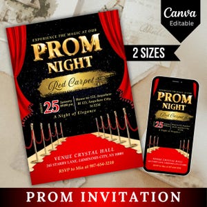 Red Carpet Invite, Red Carpet Prom, School Dance Invitation, School Dance Ticket, Hollywood Theme, Red Glam Prom Party Invite Canva Template