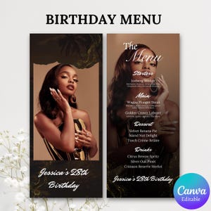Menu photo d'anniversaire modifiable, menu complet et carte de boissons, modèle de menu d'événement, menu de table pour dîner d'anniversaire, modèle canva