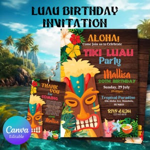 May include: A vibrant invitation for a Tiki Luau birthday party. The design features a wooden background with tropical flowers, a Tiki mask, and the text "Aloha! Come Join us to Celebrate". The invitation includes event details and RSVP information.