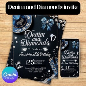 Puede incluir: Una invitación de cumpleaños con temática de mezclilla y diamantes con un sombrero de vaquero azul, una bota de vaquero azul y un anillo de diamantes. La invitación es para el cumpleaños número 25 de Alex John, el viernes 25 de noviembre a las 5:00 PM. La invitación incluye la dirección y la información de RSVP.