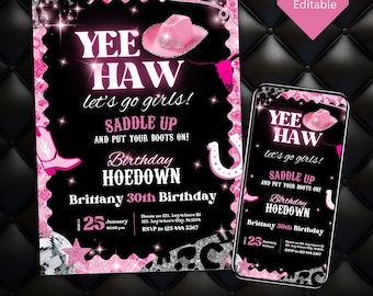 Redigerbar rosa disco cowgirl hoedown födelsedagsfest, cowgirl födelsedagsinbjudan, rosa cowgirlfestinbjudan, Yee Haw-fest, Canva-mall