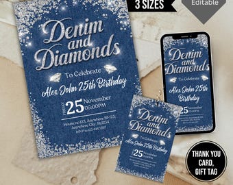Denim And Diamonds Invitation, Editable Denim & Diamonds Birthday Party Invite, Denim And Diamonds Thank You Tag, Canva Template
