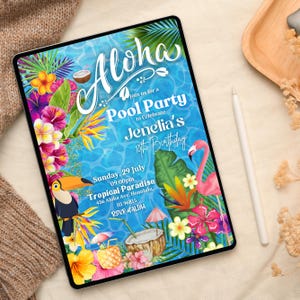 May include: Aloha Pool Party invitation with a tropical theme. The invitation features a flamingo, toucan, palm trees, and flowers on a blue background with a pool ripple pattern. The text reads "Aloha Join us for a Pool Party to Celebrate Jenelia's 10th Birthday Sunday, 29 July 09:00pm Tropical Paradise 456 Aloha Ave, Honolulu, HI 96815 RSVP at ALINA"