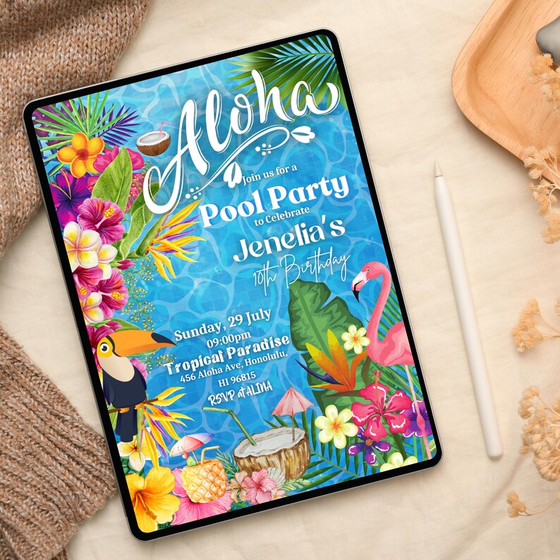 May include: Aloha Pool Party invitation with a tropical theme. The invitation features a flamingo, toucan, palm trees, and flowers on a blue background with a pool ripple pattern. The text reads "Aloha Join us for a Pool Party to Celebrate Jenelia's 10th Birthday Sunday, 29 July 09:00pm Tropical Paradise 456 Aloha Ave, Honolulu, HI 96815 RSVP at ALINA"