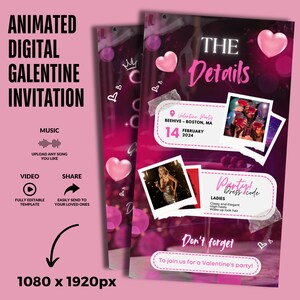 May include: A pink and black digital invitation for a Galentine's Day party. The invitation features a heart design, the text "The Details", and the date "14 February 2024".