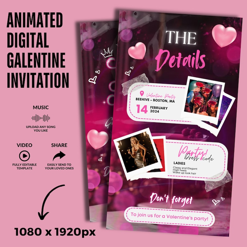 May include: A pink and black digital invitation for a Galentine's Day party. The invitation features a heart design, the text "The Details", and the date "14 February 2024".