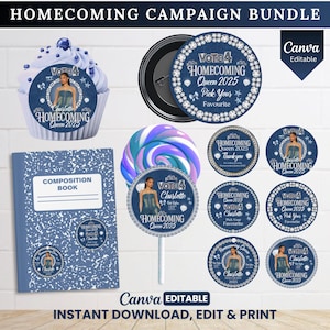 May include: A bundle of homecoming campaign items, including a cupcake, button, lollipop, composition book, and circular stickers. The items feature a denim-like design with the text "Vote 4 Homecoming Queen 2025" and "Charlotte". The Canva Editable logo is visible.