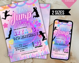 Invitación de fiesta de cumpleaños de salto, invitación editable a fiesta de cumpleaños de salto de cumpleaños de Trampoline Park, invitación de cumpleaños de salto brillante, plantilla de Canva