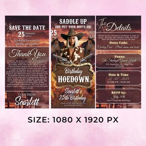 Pu&ograve; includere: Un invito a una festa di compleanno a tema western con una sezione "Save the Date", "Thank You" e "Dettagli". L'invito presenta una donna con un cappello da cowboy e un abito da cowgirl marrone e bianco che tiene due pistole. Il testo sull'invito recita "Save the Date", "Thank You", "Saddle Up and Put Your Boots On!" e "The Details". L'invito &egrave; decorato con uno sfondo a tema western.