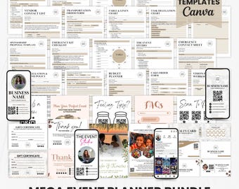 Puede incluir: Una colección de más de 150 plantillas de Canva para la planificación de eventos. Las plantillas incluyen listas de verificación, formularios, gráficos y otras herramientas para la planificación de eventos. Las plantillas están diseñadas para ayudar a los planificadores de eventos a organizar y administrar sus eventos.