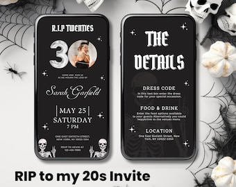 Invitación a fiesta digital RIP To My 20s, invitación de cumpleaños Death to My 20s, invitación de cumpleaños número 30, funeral por mi cumpleaños número 30 de la juventud, plantilla de Canva