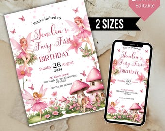 Fairy First Birthday Invitation, Editable Fairy First Birthday, Fairy Invitation, 1st Birthday Girl Template, Canva Template InstantDownload