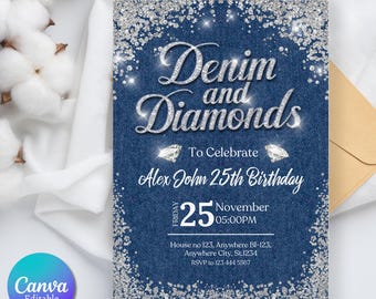 Inbjudan till födelsedag med denim och diamanter, redigerbara middagsinbjudningar till födelsedag med denim, festinbjudan med denim och diamanter, Canva-mall