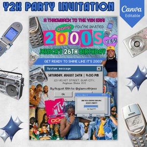 Op de afbeelding: Een Y2K-feestuitnodiging met een blauw en wit ontwerp, met de tekst "Y2K PARTY INVITATION" en "JESSICA'S 26TH BIRTHDAY". De uitnodiging bevat afbeeldingen van een boombox, mobiele telefoons en een digitale camera.