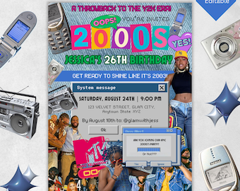 Invitación para fiesta Y2K, invitación de cumpleaños Y2K, invitación para fiesta de cumpleaños con temática de principios de los 2000, recuerdo de los 90, plantilla Canva de descarga instantánea