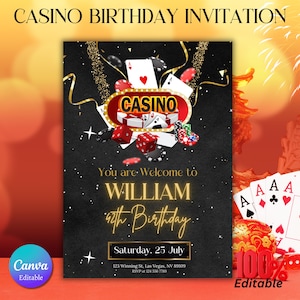 Casino Birthday Invitation, Editable Casino Theme Birthday Invitation, Casino Poker Engagement Birthday Party Invitation, Canva Template