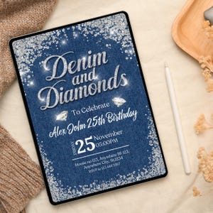 Denim and Diamonds Birthday invitation, Editable Denim Birthday Dinner Invites, denim and diamonds Party Invite, Canva Template image 3