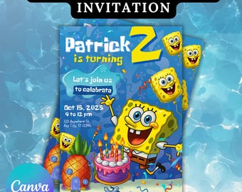 Editable Sponge Cake Birthday Invitation Template, Under the Sea sponge Birthday Party Invitation,Cartoon Party Template, Kids Party Invite