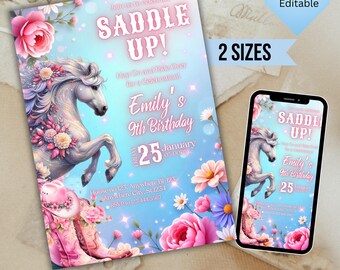 Invitación de cumpleaños de vaquera, invitación de fiesta de vaquera con caballo, invitación de cumpleaños con flores rosas, invitación de cumpleaños de vaquera para una divertida celebración de rodeo