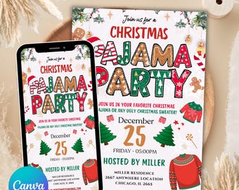 Christmas Pajama Party Invitation, Holiday Pajama Party Invite, Xmas Slumber Party, Christmas Sleepover Invitations, Adult Pajama Party