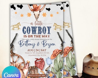 Cowboy Baby Shower Invitation, Little Cowboy Baby Shower, Printable Wild West Baby Shower Invite, Canva Editable Template, Instant Download