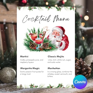 Christmas Cocktail Menu Sign Template, Holiday Party Bar Printable, Drink Menu Sign Template, Cocktail Menu, Christmas Sign Canva Template